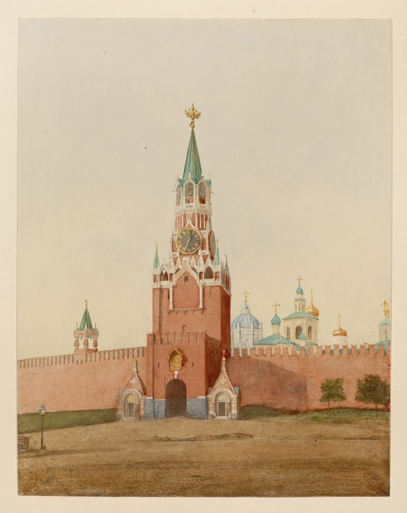 Spasskii vorot v Kremle by J. Daziaro, oil painting depicting dawn light over the Kremlin's architecture.