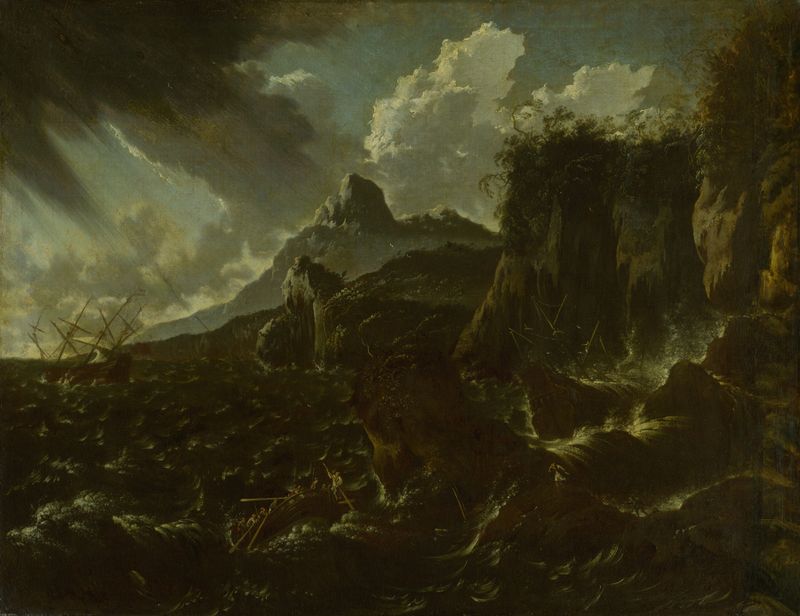 Shipwreck in a Storm by Hans de Jode, oil painting depicting a shipwreck in turbulent waters.