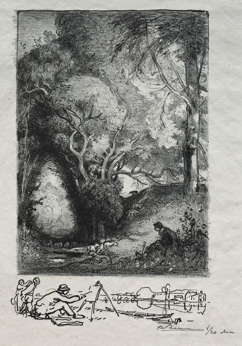 Etching by Auguste Louis Lepère depicting a lush landscape in June.