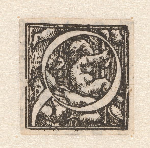 Letra Q com crianças, criada por Hans Holbein, meio papel
