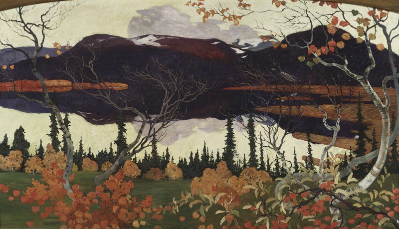 Autumn landscape with vibrant leaves, oil on canvas by Helmer Osslund