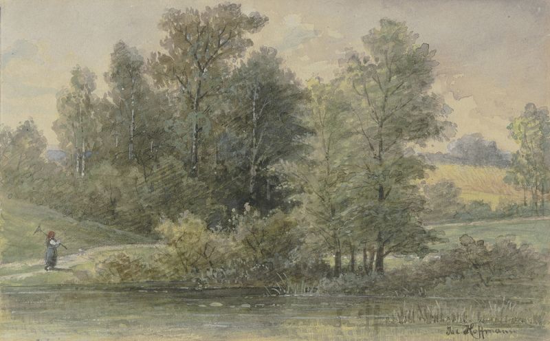Paisaje que representa un bosque con un arroyo, pintura al óleo de Jacob Hoffmann