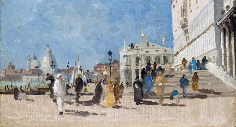 Impression aus Venedig – Riva degli Schiavoni by Hans Von Bartels, oil painting depicting vibrant reflections on water.