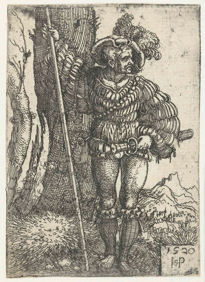 Landsknecht de pie junto a un árbol, papel de Hans Sebald Beham