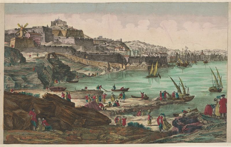 Óleo rococó de Autor Desconocido que representa el Puerto de Marsella con barcos y nubes.