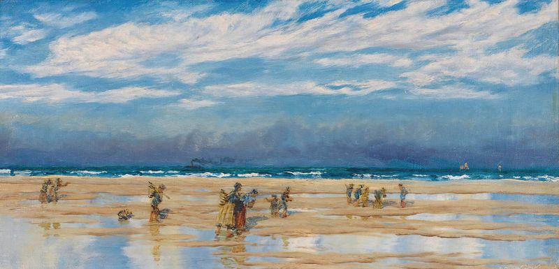 Cockle Fishers At Gravelines, óleo sobre lienzo de John Brett, mostrando a trabajadores recogiendo almejas junto al mar.