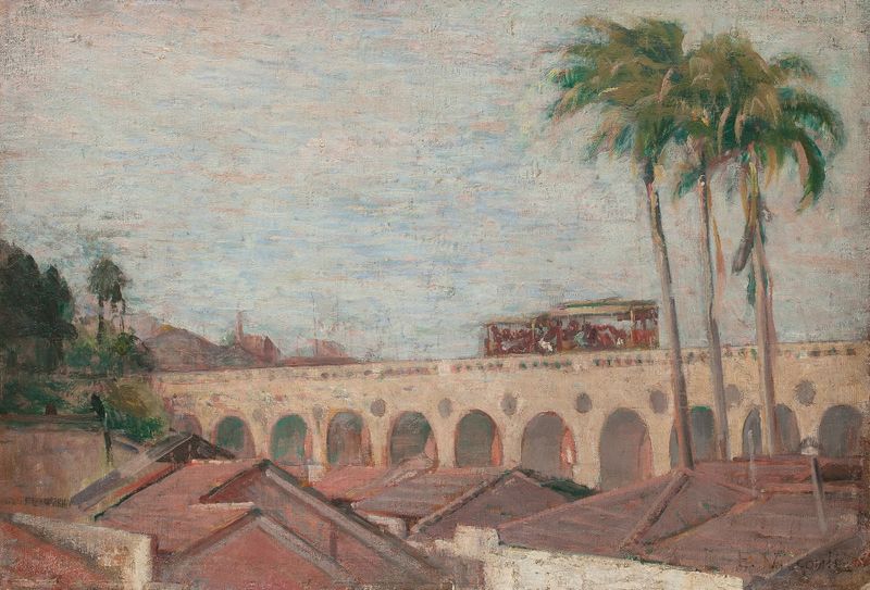 Oil painting of Arcos da Lapa by Eliseu Visconti, featuring vibrant archways and cityscape.