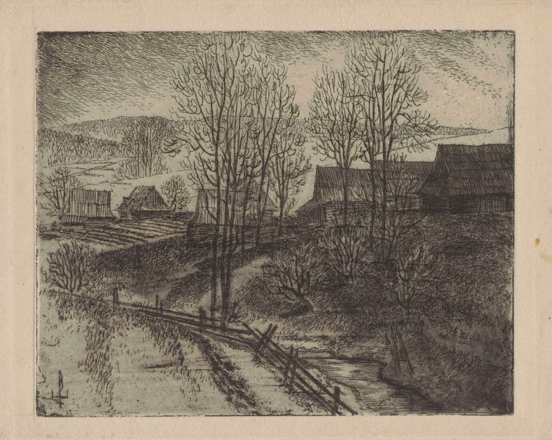 Landscape depicting a mountain village with cottages by Edmund Bartłomiejczyk