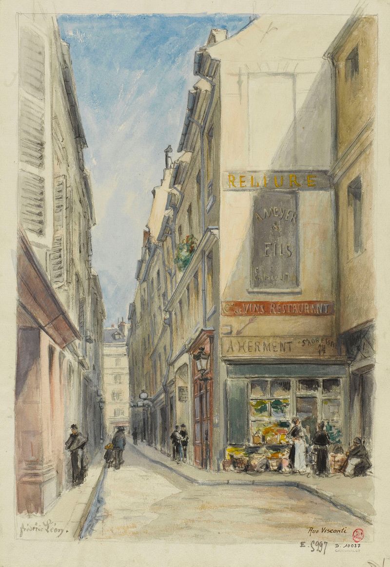 Rue Visconti by Frédéric Léon, Impressionism, depicting a narrow Parisian street at twilight.
