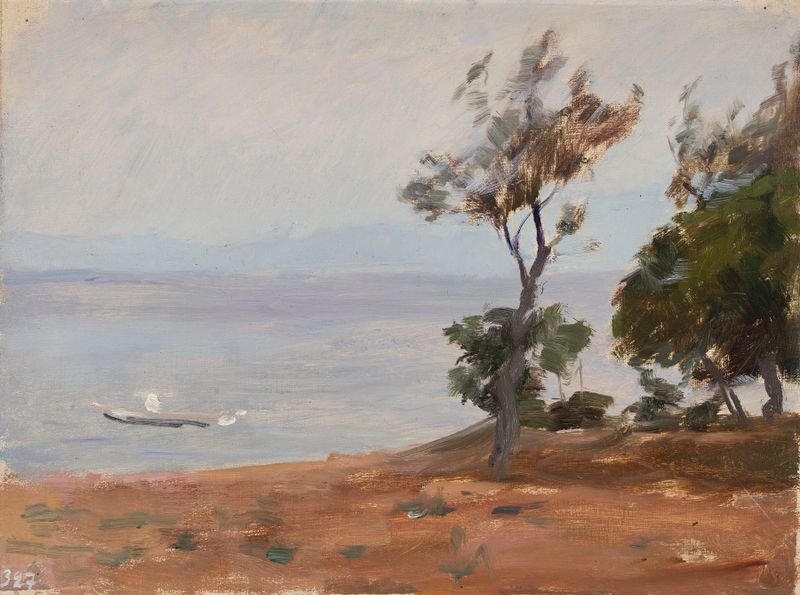 Paisagem de Jan Ciągliński, 1893, retratando colinas e céu ao crepúsculo, pintura a óleo