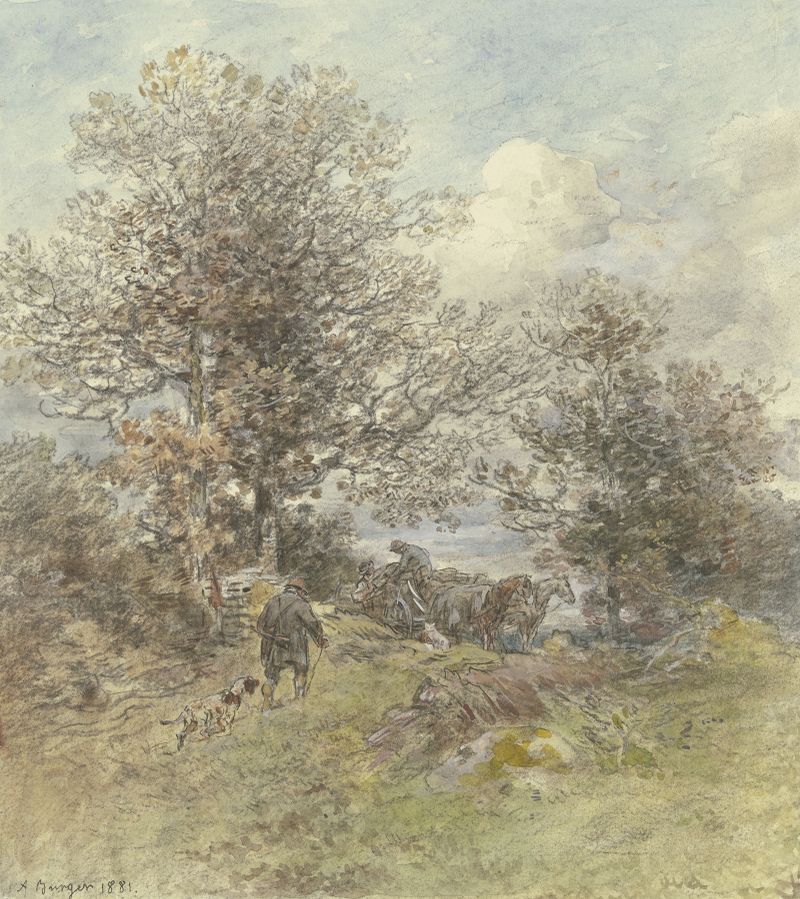 Landschaft mit Jäger und holzaufladendem Bauer, óleo sobre lienzo de Anton Burger