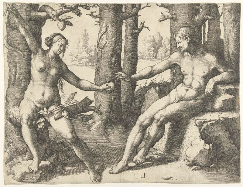 Grabado de Lucas van Leyden que muestra a Adán y Eva bajo el árbol prohibido