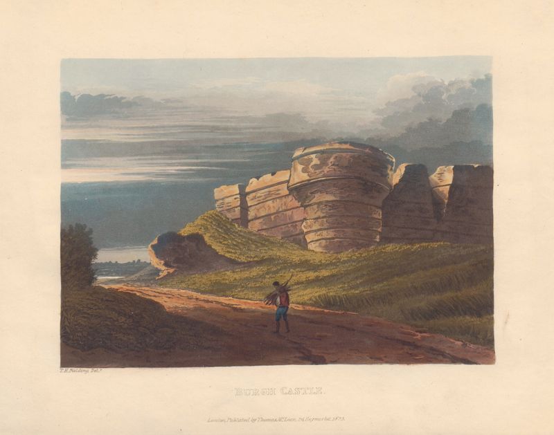 Burgh Castle by Theodore Henry Adolphus Fielding, oil on canvas, featuring castle ruins and tranquil waters.