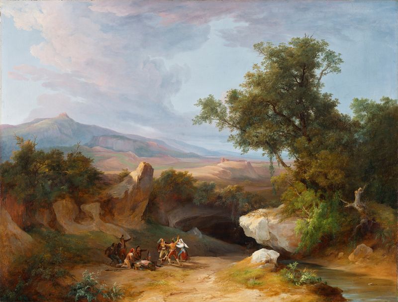Escena figurativa que muestra dos figuras encapuchadas en tonos tierra de Costantino Rosa
