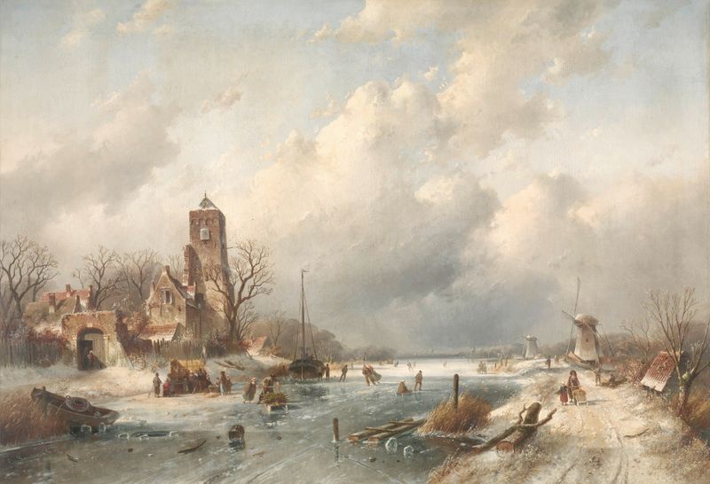 Winter Scene de Charles Leickert, óleo de un paisaje nevado con árboles y una cabaña.