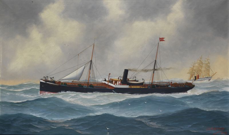 Marine scene depicting the steamship Ben Macdui battling a storm, oil painting by John-Henry Mohrmann
