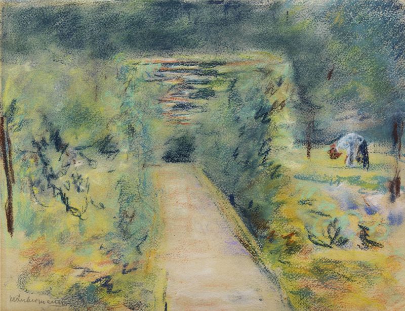 Wannseegarten de Max Liebermann, óleo sobre tela que mostra figuras desfrutando da luz do sol em um jardim.
