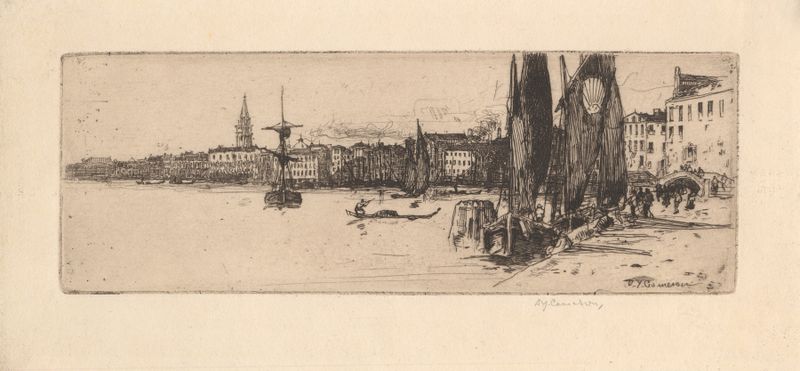 Sketch of Venice de David Young Cameron, aquarela sobre papel, retratando canais e arquitetura.