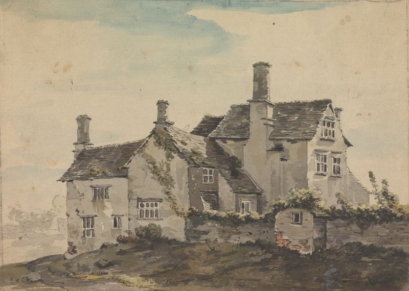 A Cottage by Sawrey Gilpin, oil painting depicting a serene landscape with trees and soft light.