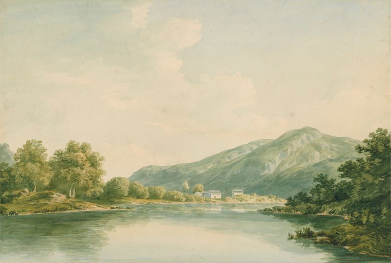 Watercolour by John Warwick Smith depicting Lake Windermere with ripples and soft colors.