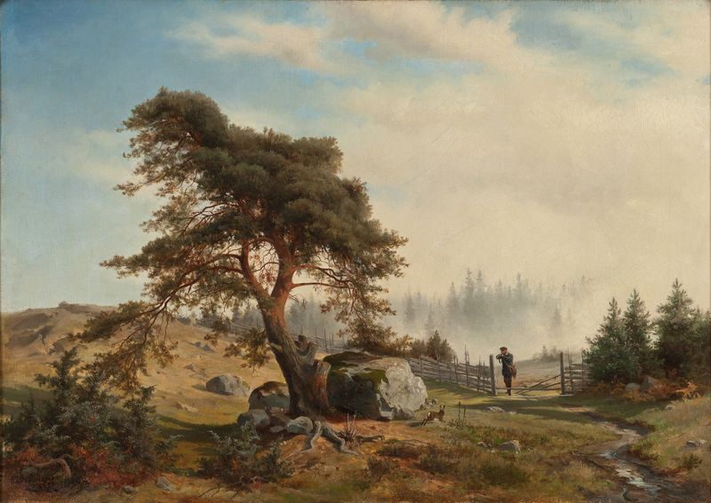 Paisaje con Cazadores de Wilhelm von Mörner, óleo sobre lienzo que muestra a dos cazadores en un vasto bosque.