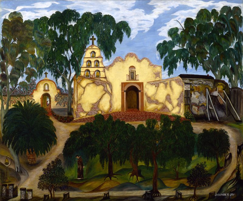 Pintura de paisagem a óleo de Josephine Joy com tons quentes de terra e uma cena de missão.