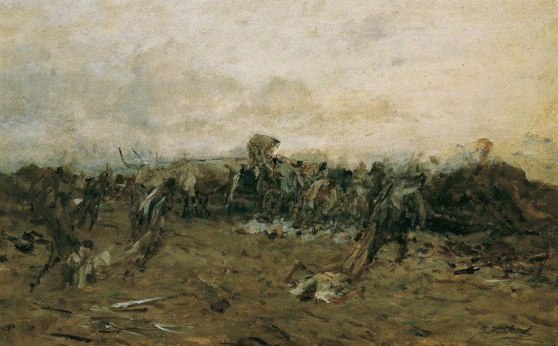 Historical oil painting 'Nach der Schlacht' by August von Pettenkofen depicting shadowy figures.