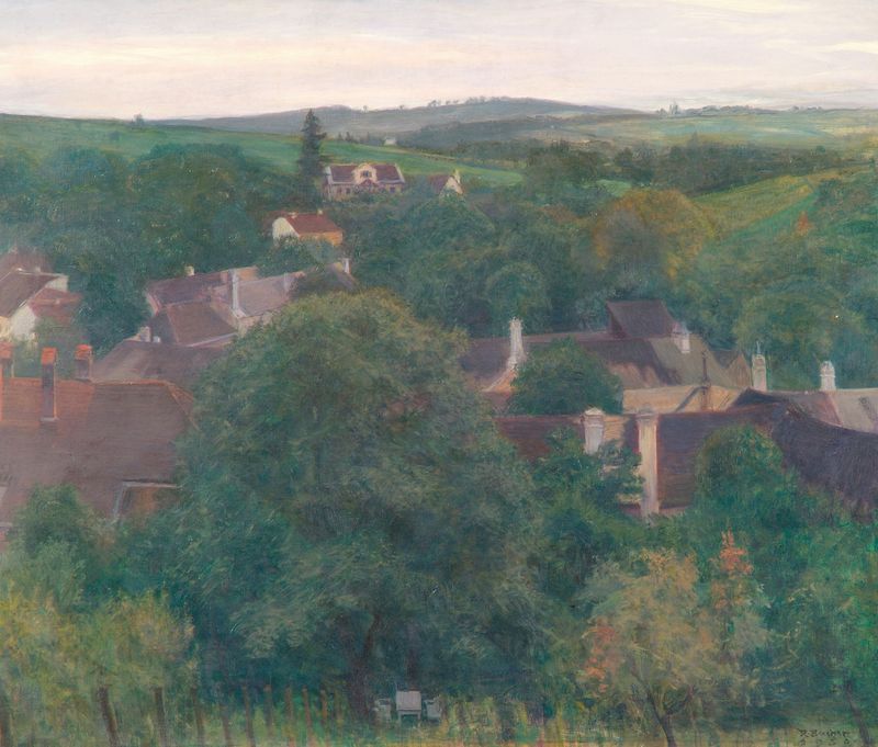 Paisagem ao crepúsculo de Rudolf Bacher, óleo sobre tela, com cores vibrantes no céu.