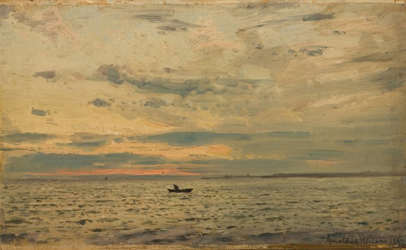 Etter solnedgang de Amaldus Nielsen, óleo sobre lienzo que representa un paisaje crepuscular sereno