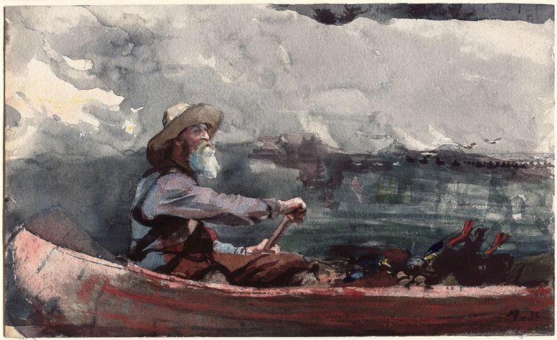 Adirondacks Guide de Winslow Homer, pintura al óleo de una figura solitaria en un bosque tranquilo.