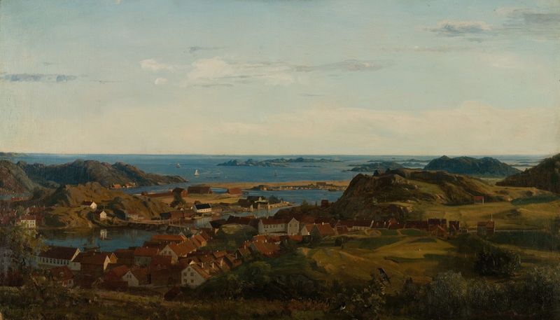 Cena marinha com porto, barcos e luz suave de Amaldus Nielsen, pintura a óleo