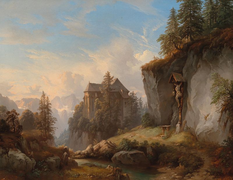 A mountain landscape with a chapel and wayside shrine, oil painting by Franz Barbarini
