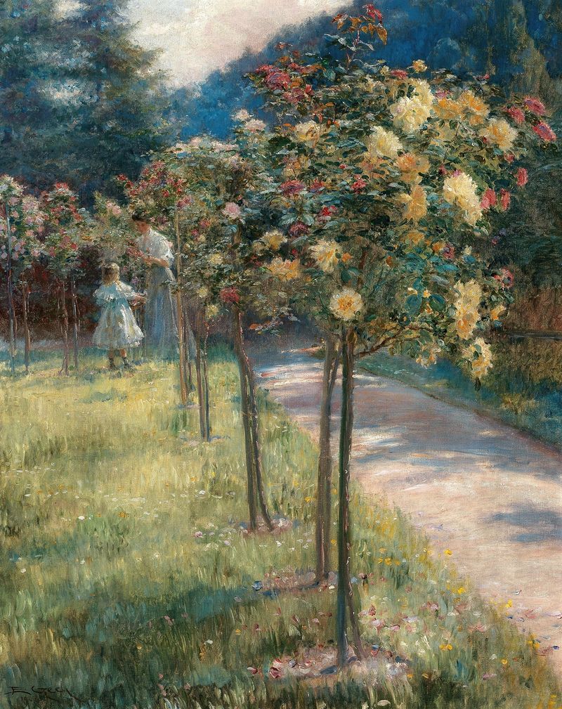 Pintura impressionista de Emil Czech mostrando uma mulher em um jardim com flores.
