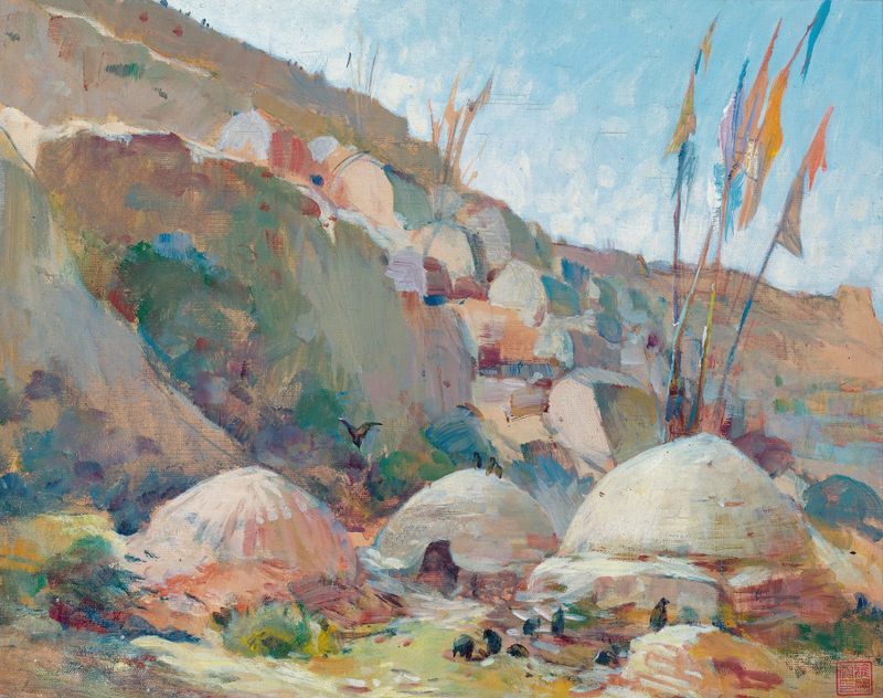 Surreal landscape with soft colors, oil on canvas by Alexandre Jacovleff