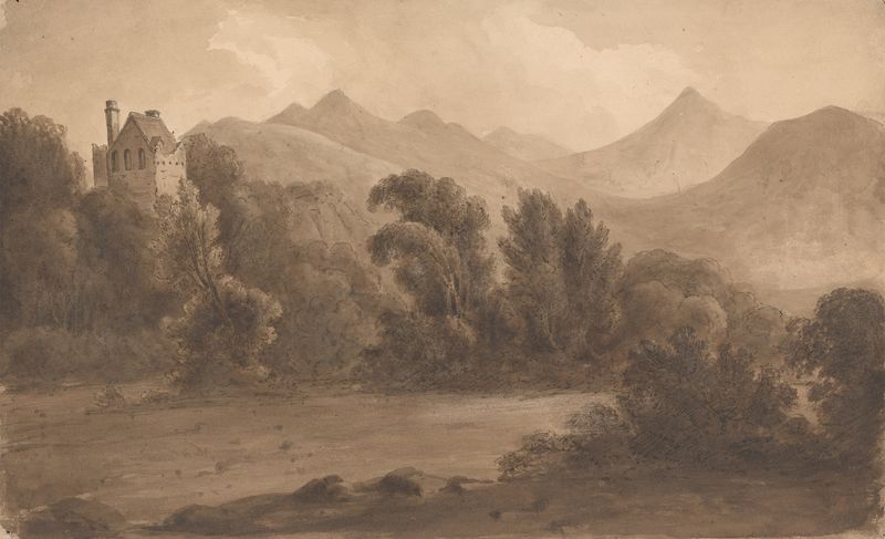 Dunloh Castle al atardecer, pintura al óleo de Isaac Weld, mostrando sombras y arquitectura antigua.