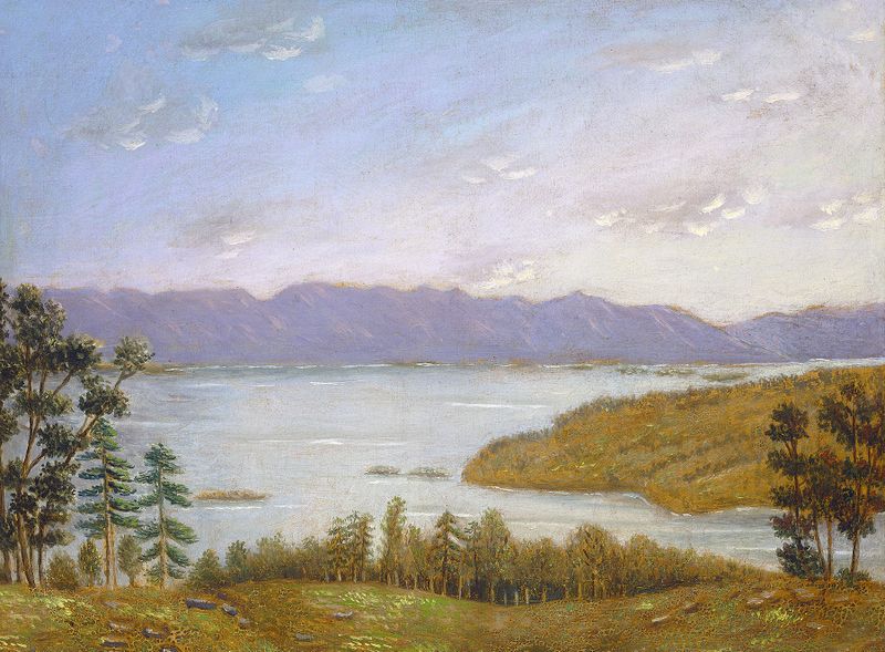 Leverett Pond de Erastus Salisbury Field, óleo sobre tela que retrata uma paisagem tranquila