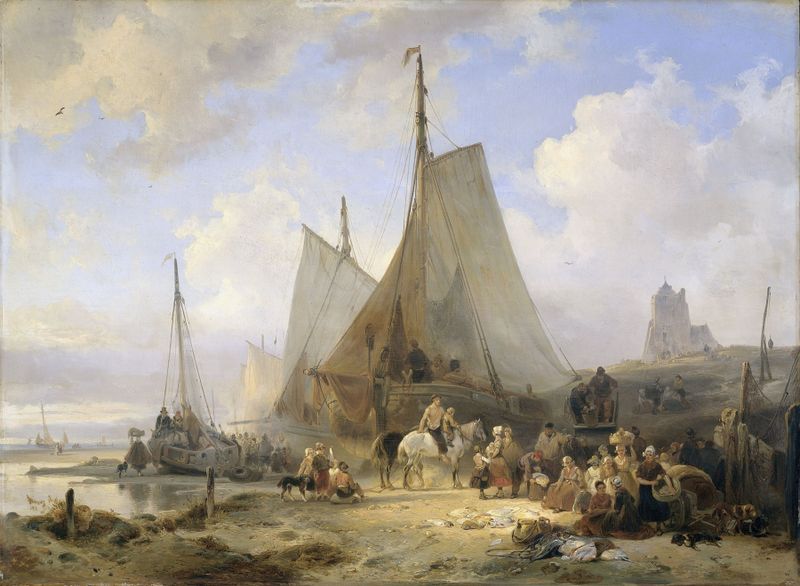 Fishing Boats on the Beach with Fishermen and Women Sorting the Catch, oil on canvas by Wijnand Nuijen