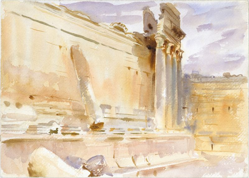 Templo de Baco, Baalbek de John Singer Sargent, pintura a óleo que retrata colunas antigas e ruínas.