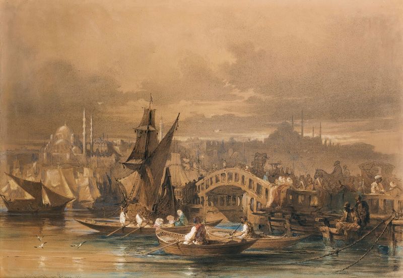 Galata Bridge, Constantinople by Amadeo Preziosi, oil painting depicting twilight cityscape with architecture and river.