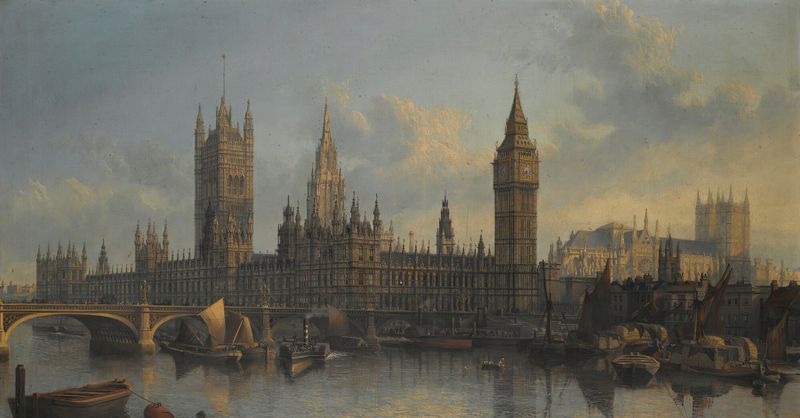 O Palácio de Westminster do Tâmisa, pintura a óleo vitoriana de John MacVicar Anderson