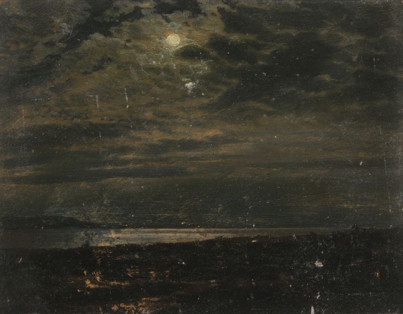 Maine Coast, moonlight de Frederic Edwin Church, pintura al óleo que muestra un paisaje costero iluminado por la luna