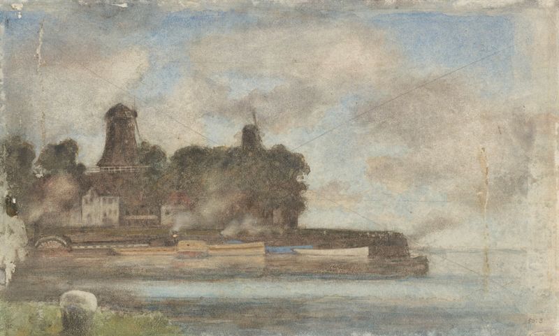 Landschap met molens bij water by Anton L. Koster, oil painting depicting windmills and water.