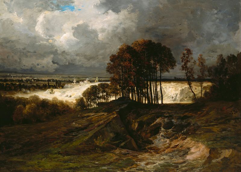 Storm, The Quarry at Montmartre de Georges Michel, pintura al óleo que muestra nubes oscuras y luz.