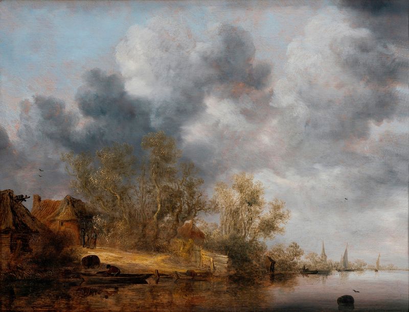 A Dutch Riverbank by Salomon van Ruysdael, oil painting depicting a serene river landscape.