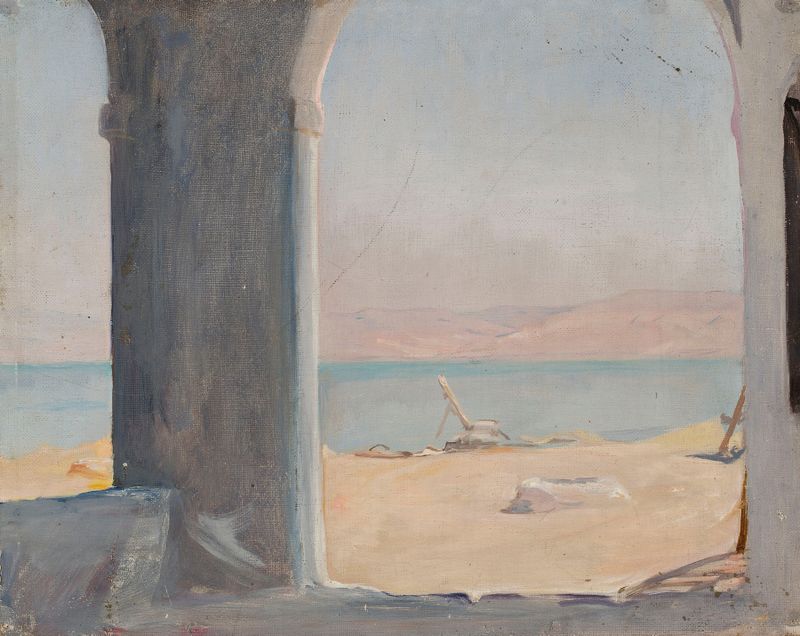 El Mar Muerto óleo de Jan Ciągliński, con aguas tranquilas y colores suaves.