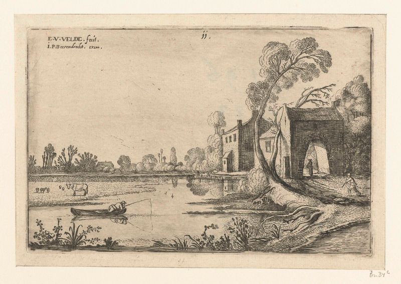 Landschap met een rivier en poortgebouw by Esaias van de Velde, etching of a river and architectural gate.