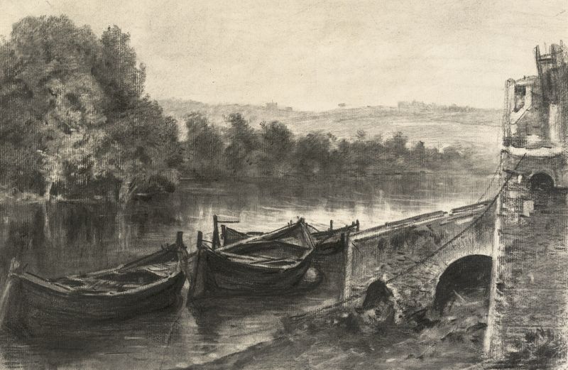 Boats by a Stone River Landing, oil painting by Maxime Lalanne