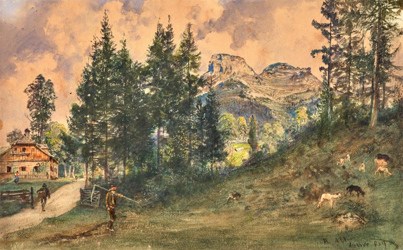 Pintura a óleo de Rudolf von Alt retratando um pasto montanhoso com a montanha Loser ao fundo.