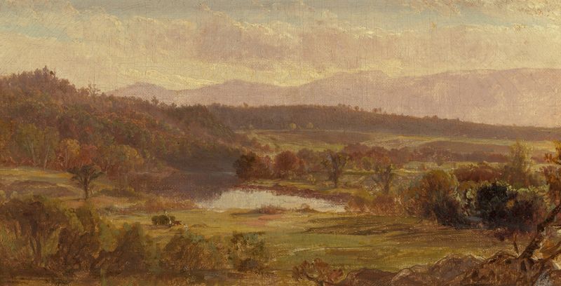 Haying in the Catskills, oil painting by Thomas Hiram Hotchkiss, depicting farmers harvesting hay.
