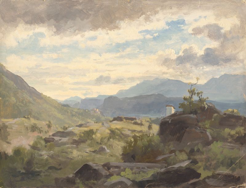 Landscape Study de Jan Nowopacký, pintura a óleo de colinas e vegetação